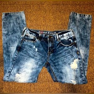 Denim House Men's Pre-Distressed Slim Fit Straight Leg Jeans (Light Blue) (32)